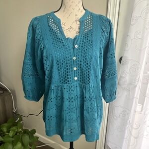 Sundance Eyelet Symphony Top W/Camisole Women's Small Teal Cotton Boho Peasant